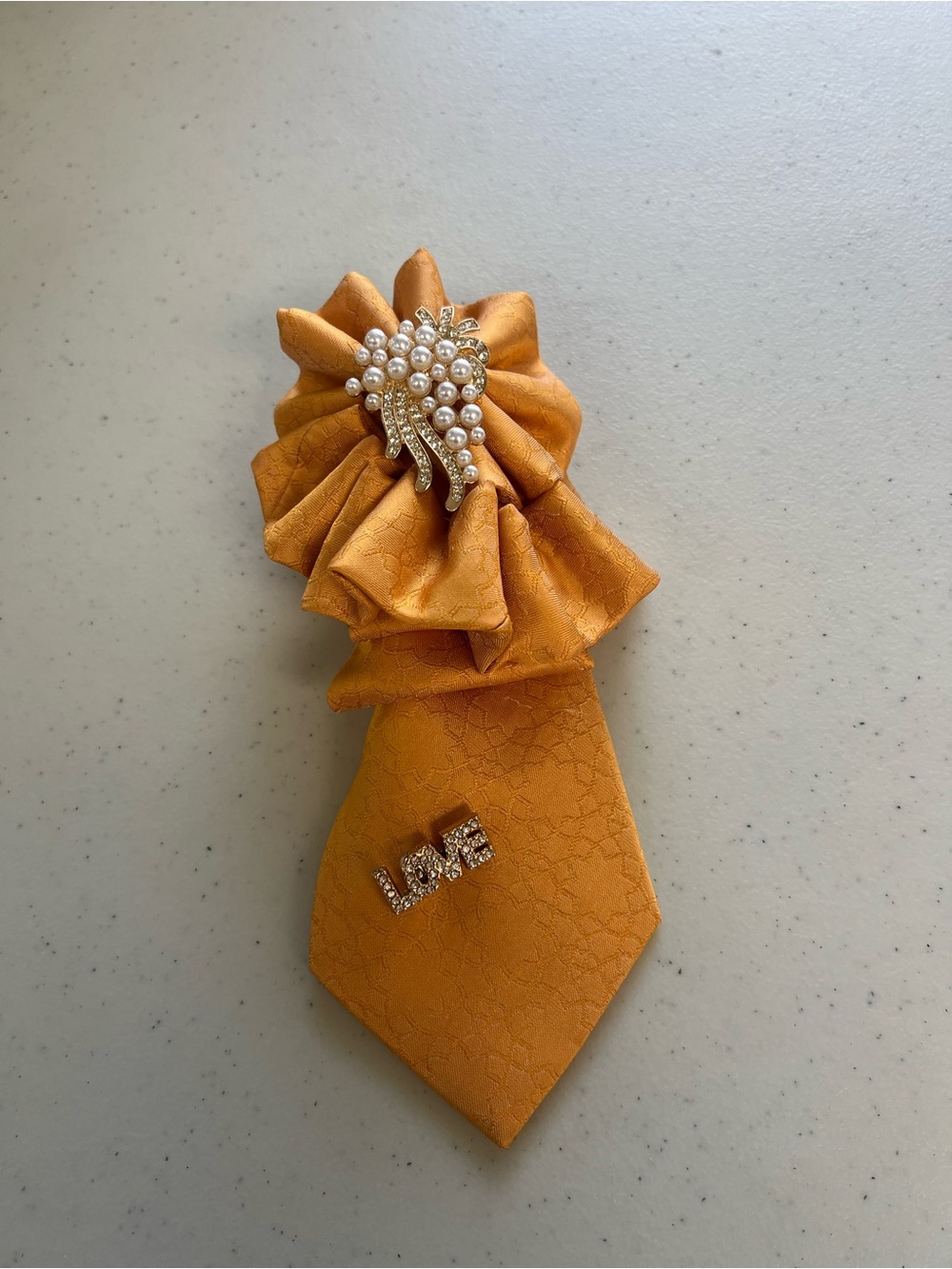 Gold Mustard Decorative Tie Brooch with Pearl Pin
